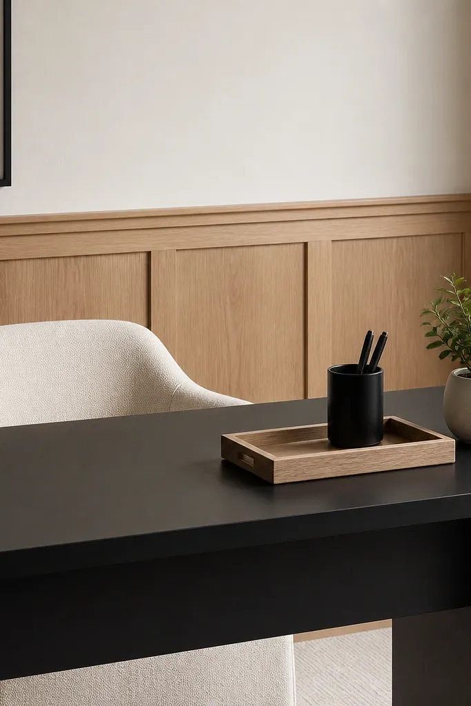 A matte black desk with a light oak chair rail panel behind it. The chair is upholstered in cream fabric. On the desk: a slim light oak tray, a black pen cup, and a small plant in a white pot.