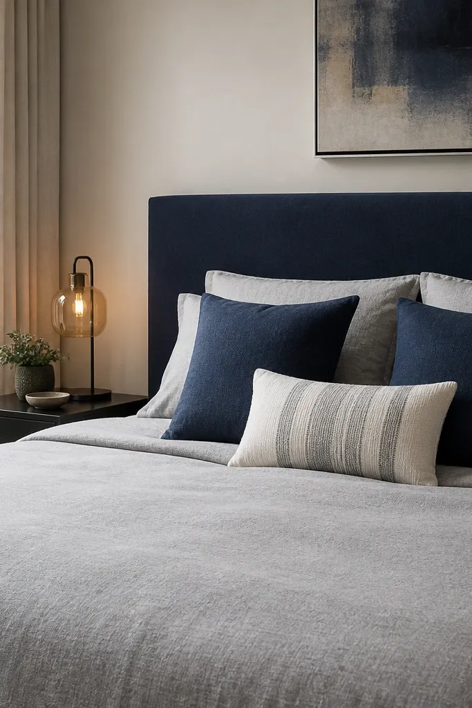 A modern bed with a deep navy upholstered headboard. The duvet is dove-grey with a subtle woven texture. Two navy square pillows sit on top, with a single white-and-grey lumbar pillow. A slim black bedside table holds a warm amber lamp.