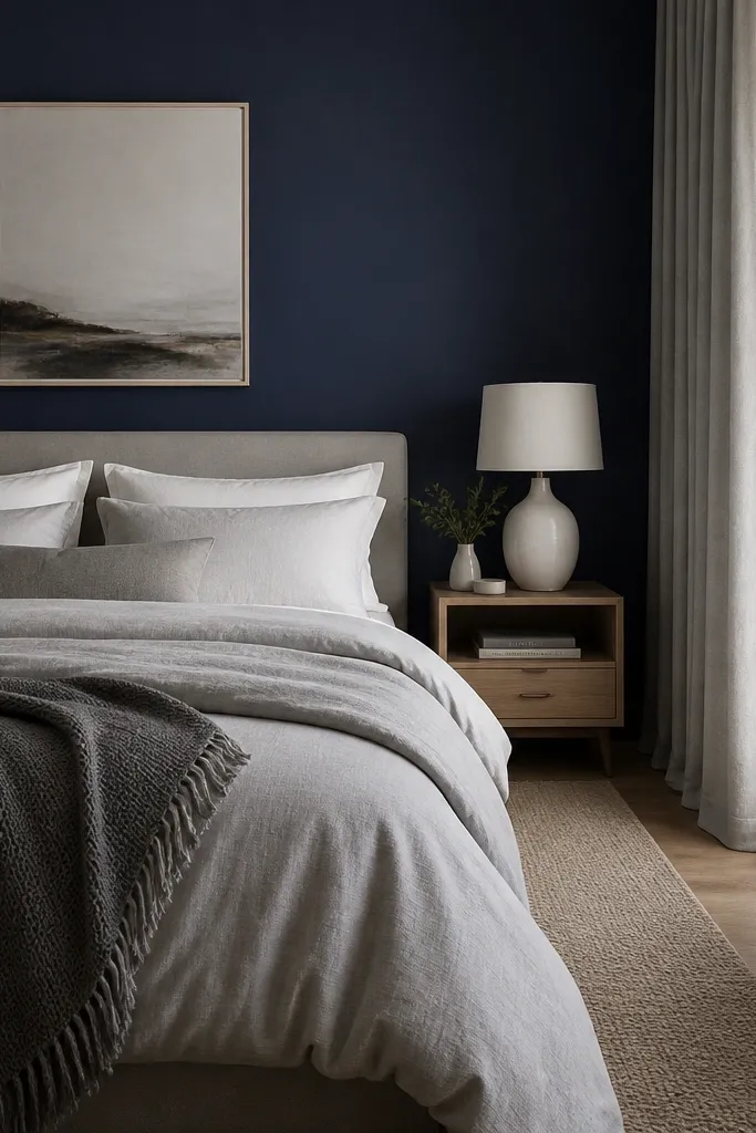 The wall behind the bed is painted navy blue. The bed has a light grey duvet and white pillows. A simple framed print hangs centered above the headboard. Floor-to-ceiling curtains in light grey drape to the floor.