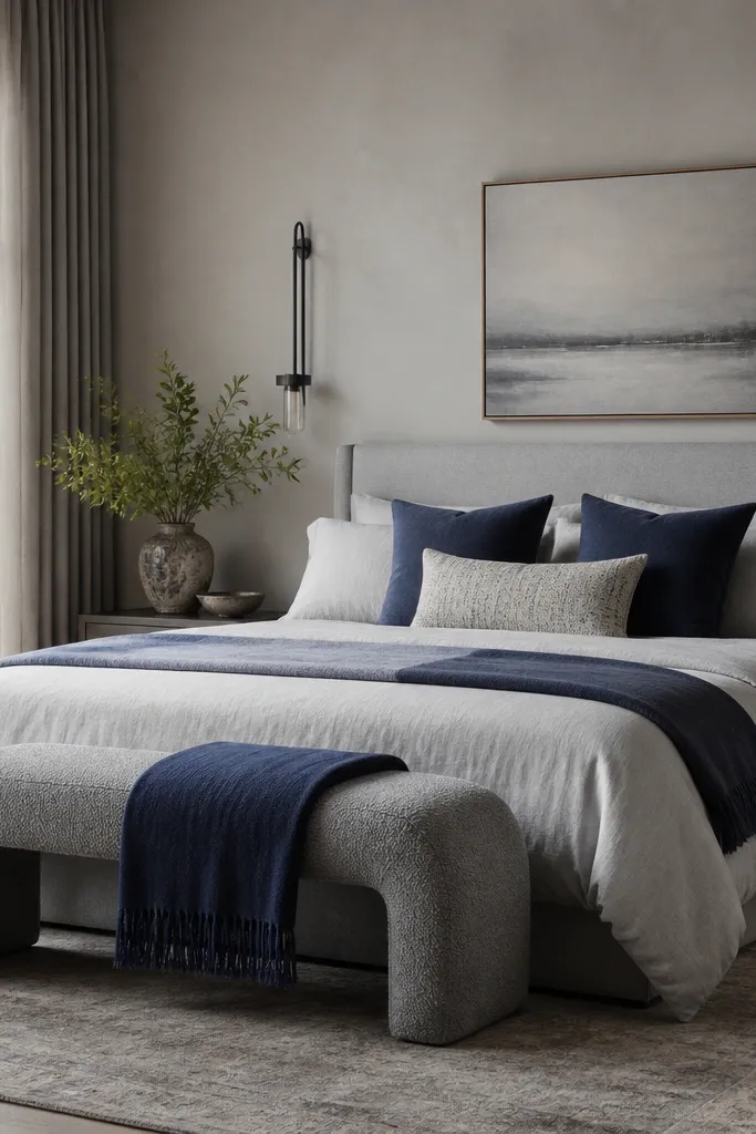 At the foot of the bed, a grey boucle bench sits on a subtle patterned rug. A navy throw is folded neatly over the bench or the lower edge of the duvet. The bedding is mostly light grey with a few navy pillows.