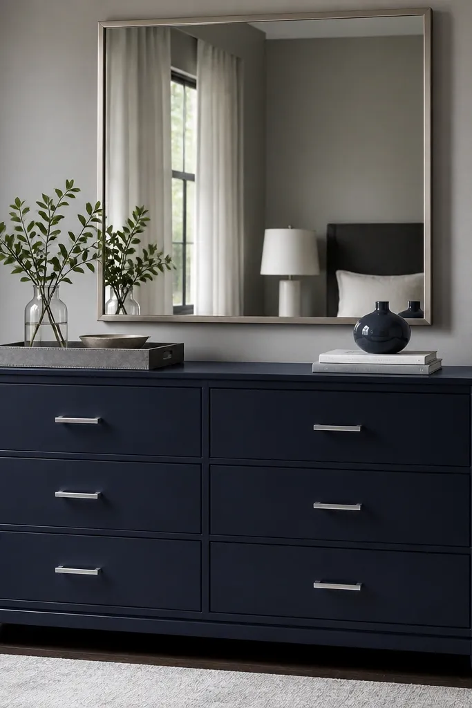 A navy dresser with satin nickel pulls stands against grey painted walls. A large mirror with a simple frame hangs above. On top is a grey tray, a stack of books, and a small navy ceramic vase.