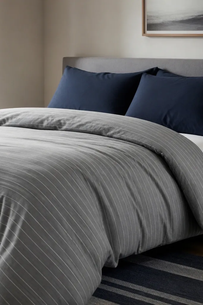A bed dressed in a grey duvet with thin horizontal stripes. The pillows are solid navy. A white fitted sheet peeks at the side. A simple navy-and-grey striped rug is partly visible.