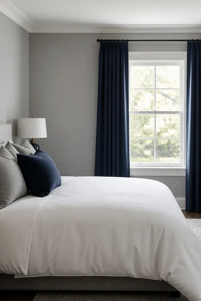 Grey walls with crisp white trim. Curtains are deep navy, matte fabric with soft drape. The bed has a white duvet with grey pillows, and a navy accent pillow matches the curtains.