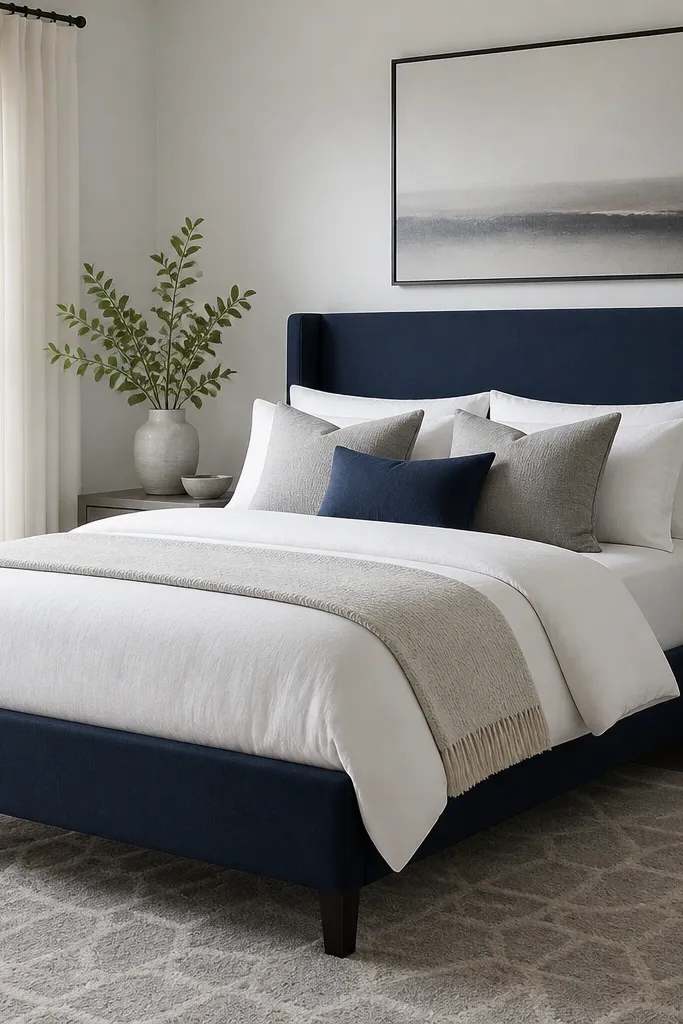 A navy bed frame sits on a grey patterned rug with subtle geometric shapes. The bedding is mostly white with grey pillows. A navy accent pillow repeats the bed color.
