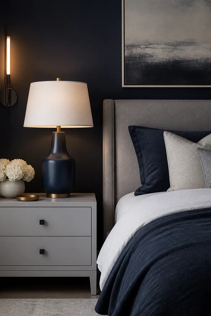A bedside table in light grey. A navy table lamp base with a white shade sits beside a slim wall sconce. The bulb glow is warm. Behind the bed, a grey headboard wall art piece hangs on navy-toned wall decor.