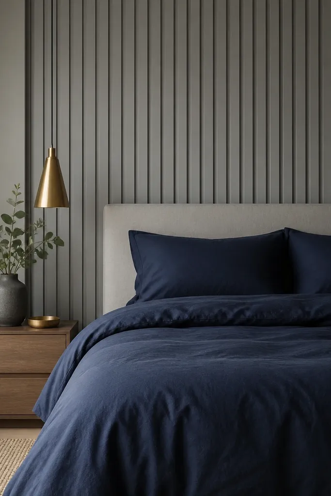 A grey slatted wall panel behind the bed. Navy bedding includes a duvet and two pillows. A small brass tray sits on the nightstand. The overall look is clean and modern.