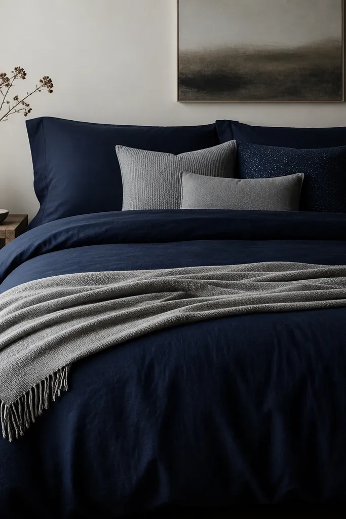 A bed with a navy duvet as the main layer. A grey throw is draped at the foot. The pillows include one solid grey, one grey with subtle texture, and one navy pillow with a barely-there pattern.