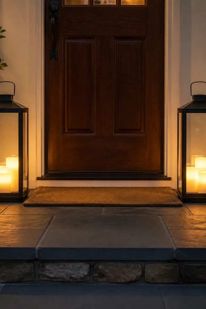Two black lanterns flanking a front door with warm white LED candles inside