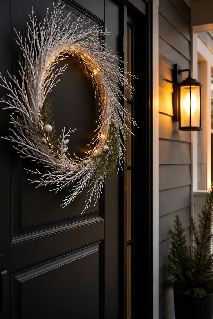 Matte white wreath with clean greenery on a black front door