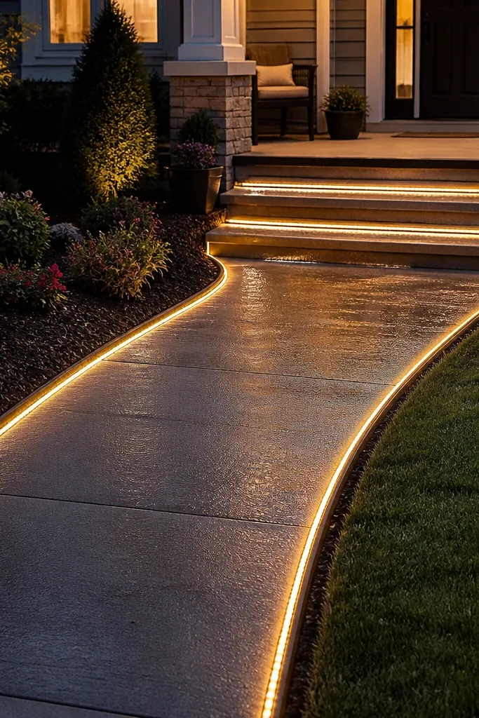 Warm white rope light outlining a front walkway and step edges