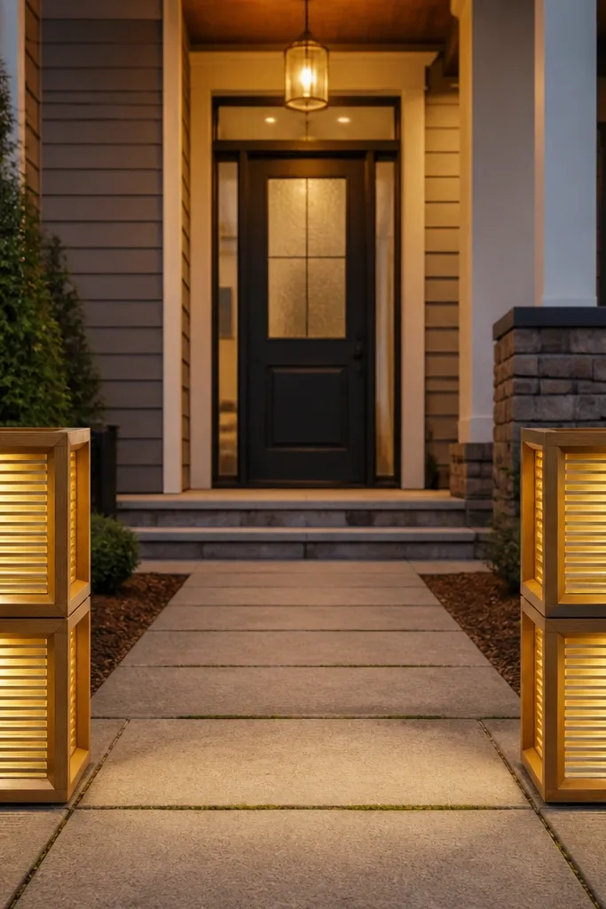 Wooden light boxes with warm white LEDs placed in a neat line on a walkway