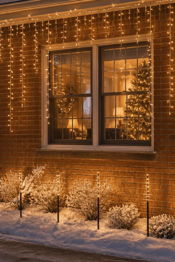 Black stake lights with warm white icicle strands along a front hedge