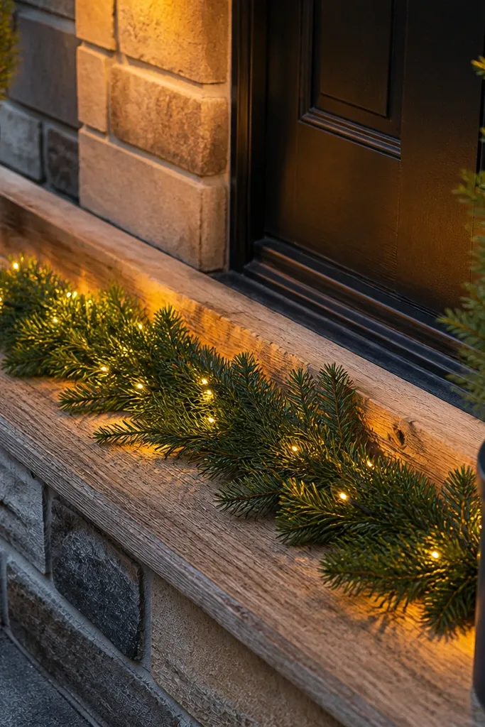 A straight evergreen runner across a porch with tiny warm white lights hidden inside