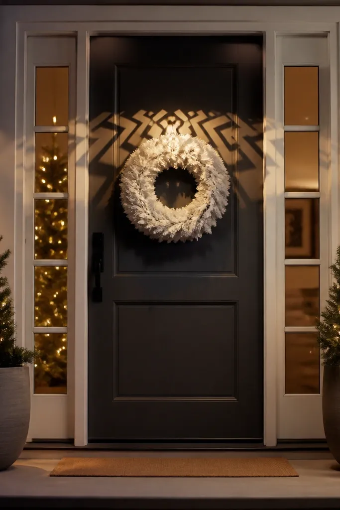 A warm white geometric light pattern projected onto the front door area
