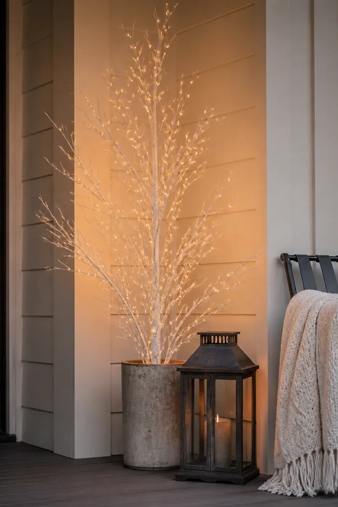 A small white twig tree with warm LED lights on a porch corner