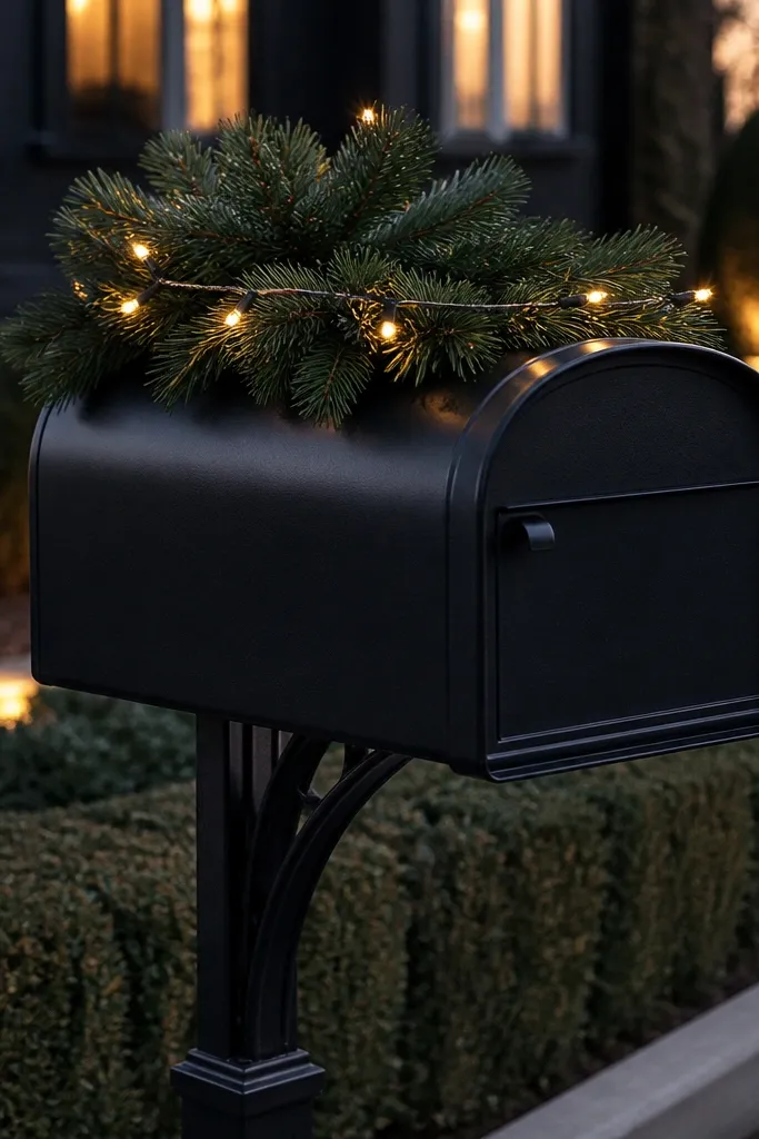 Matte black mailbox with a small evergreen topper and warm white mini lights