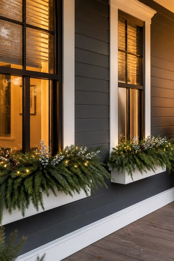 Two window boxes with evergreen swags and warm white micro lights