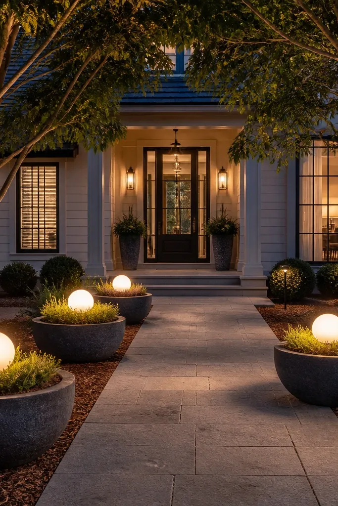 Three stone planters with warm white globe lights grouped near the front walk