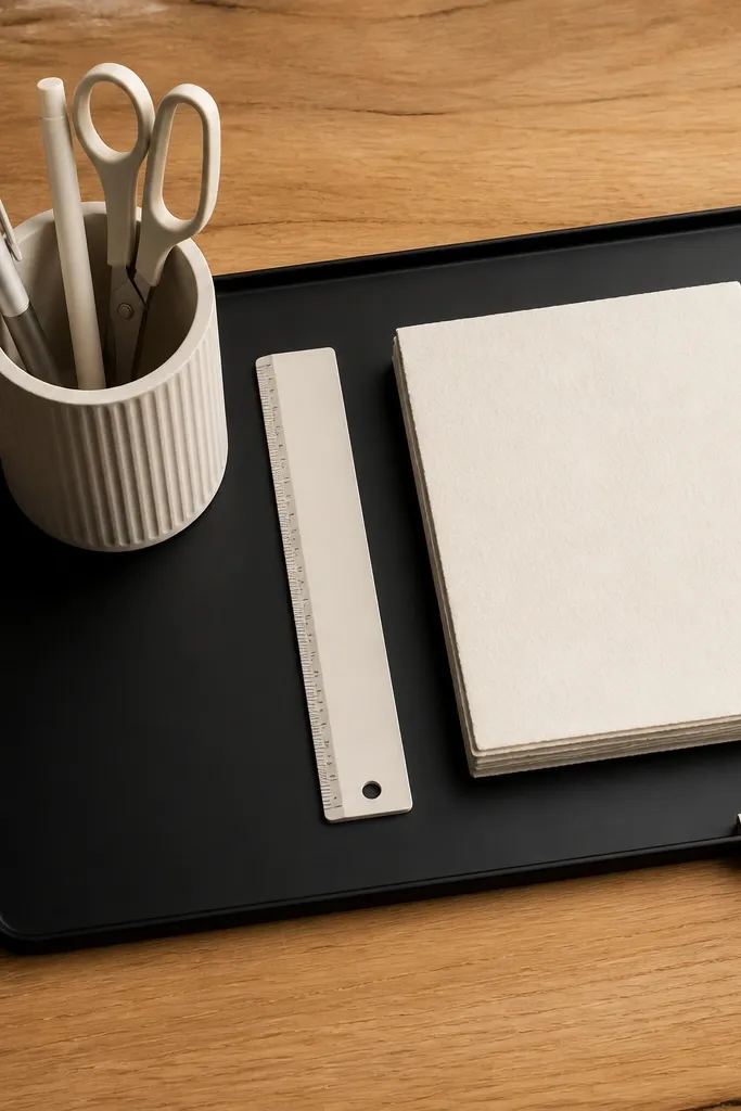 Matte black tray with cream notepad, ruler, and pen holders on a light desk