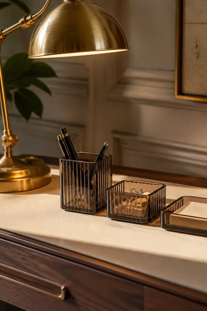 Brass desk lamp with smoky glass cups for pens, clips, and a small tray