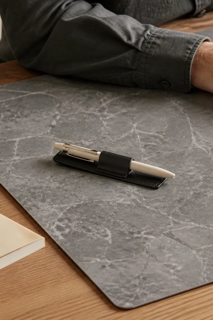 Gray stone-look desk mat with a black leather pen loop and minimal stationery
