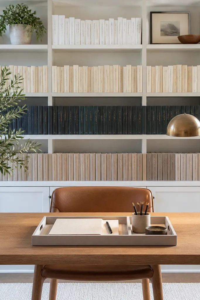 Study table with book spines arranged in color blocks and a small desk lamp