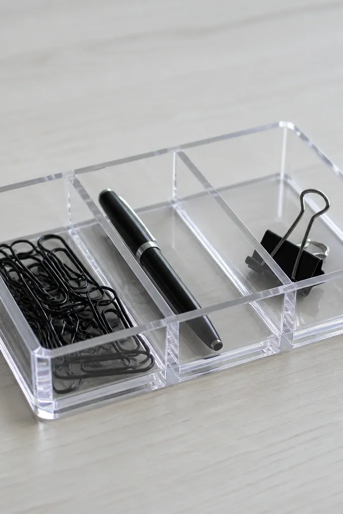 Clear acrylic organizer holding black clips, pens, and a small notepad