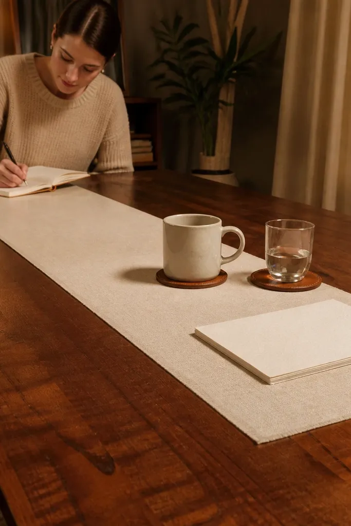 Warm wood desk with cream runner and cognac coasters arranged neatly