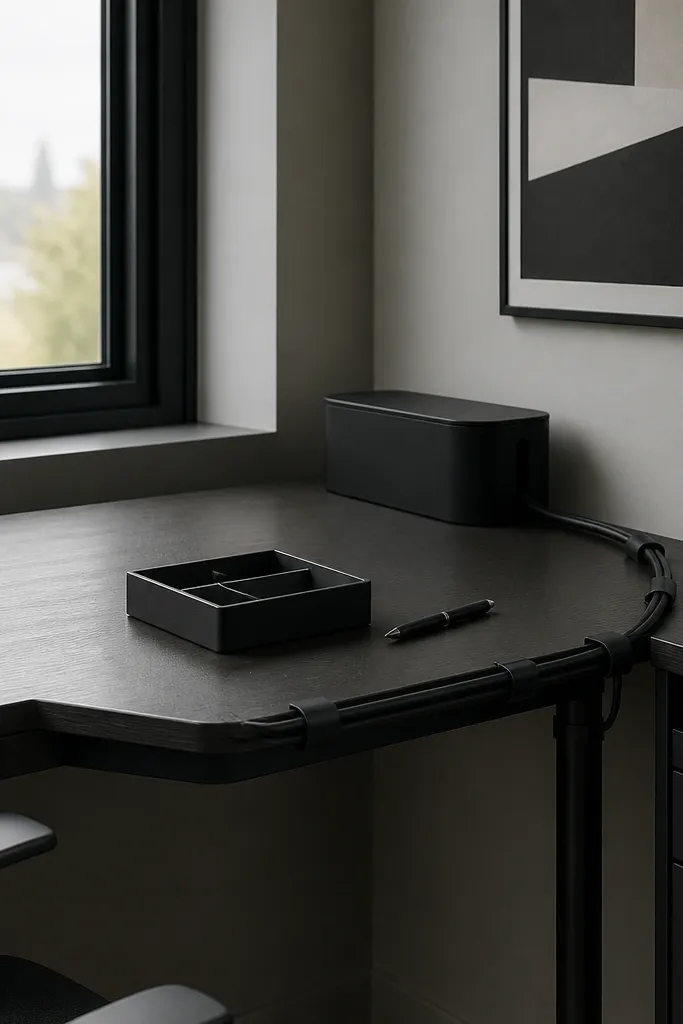 Charcoal cable clips, black charger, and a monochrome corner setup