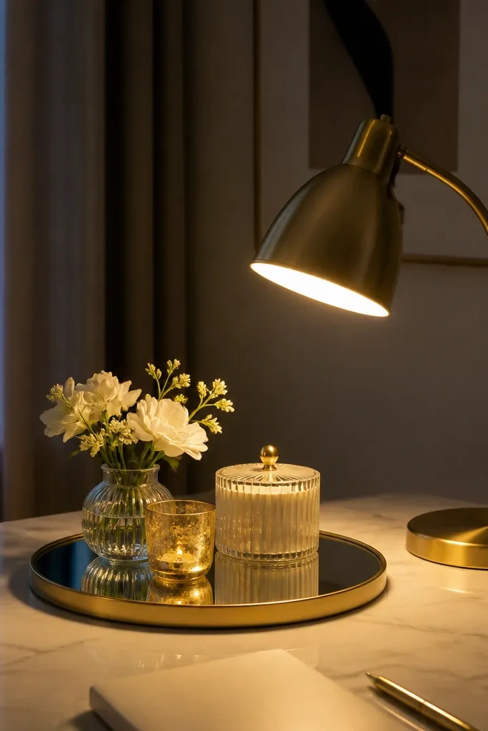 Desk lamp beside a mirrored tray holding a notepad and pen