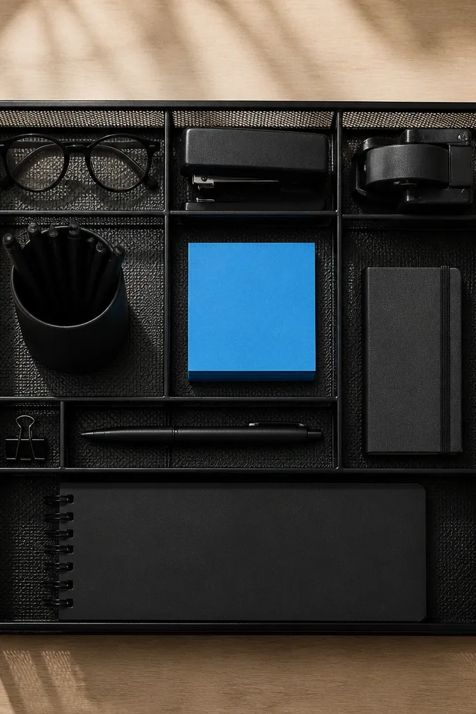 Black grid organizer with neon sticky notes and pens arranged in sections