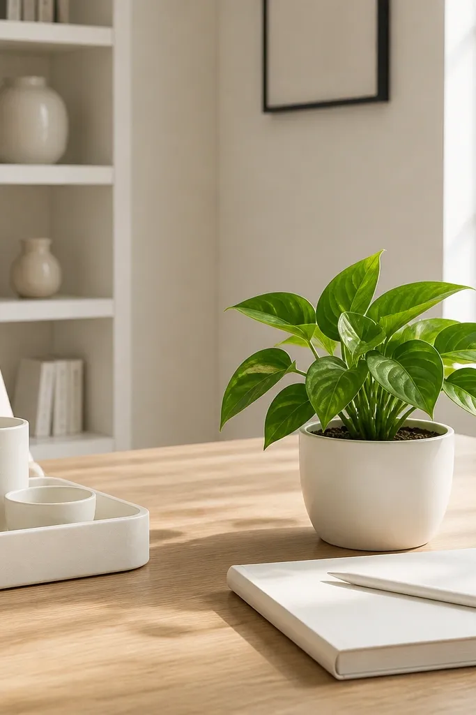 Matte white desk with a small plant, white tray, and minimal stationery