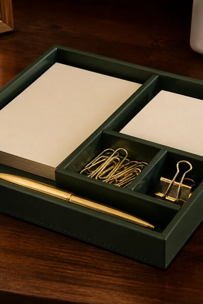 Deep green desk organizer with gold clips and a cream notepad