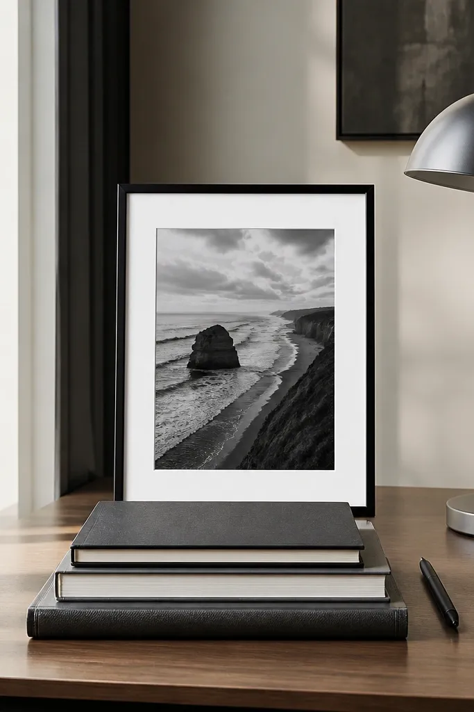 Black frame beside monochrome books and a minimal pen tray