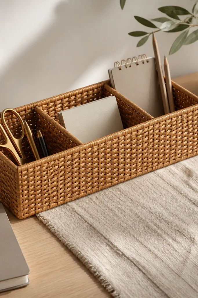 Rattan organizer on an off-white linen runner with neutral stationery
