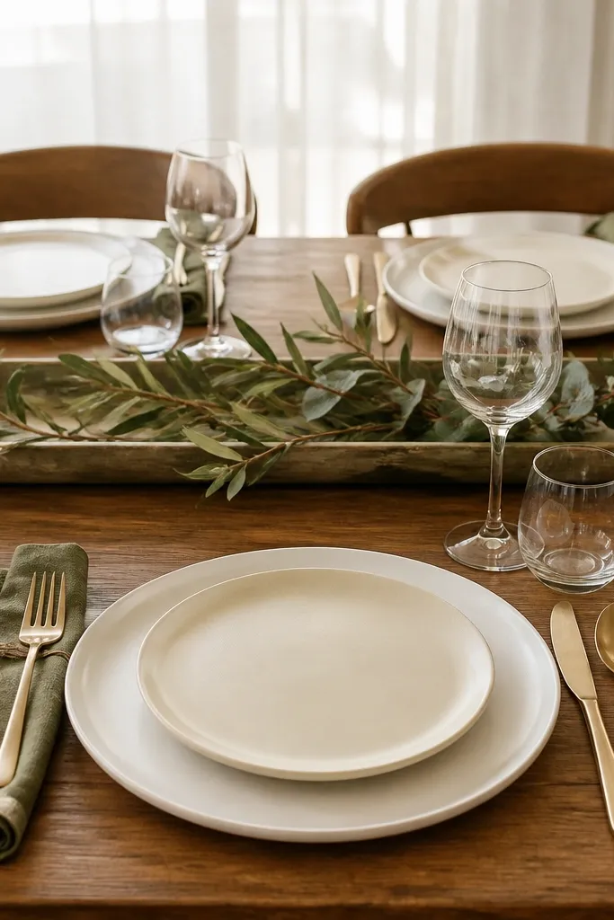 Matte white plates with olive linen napkins and brushed brass flatware