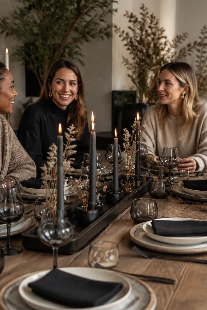 Greige stoneware plates with black linen napkins and charcoal candles