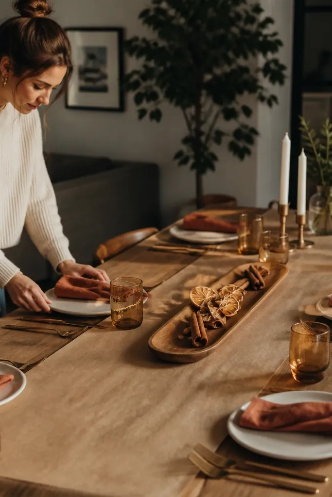 Cream porcelain plates with terracotta napkins and a natural wood-toned runner