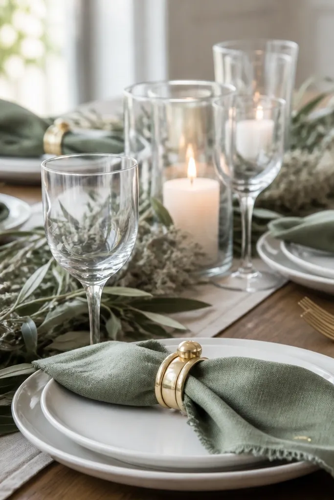 White plates with sage linen napkins and brass ring napkin holders