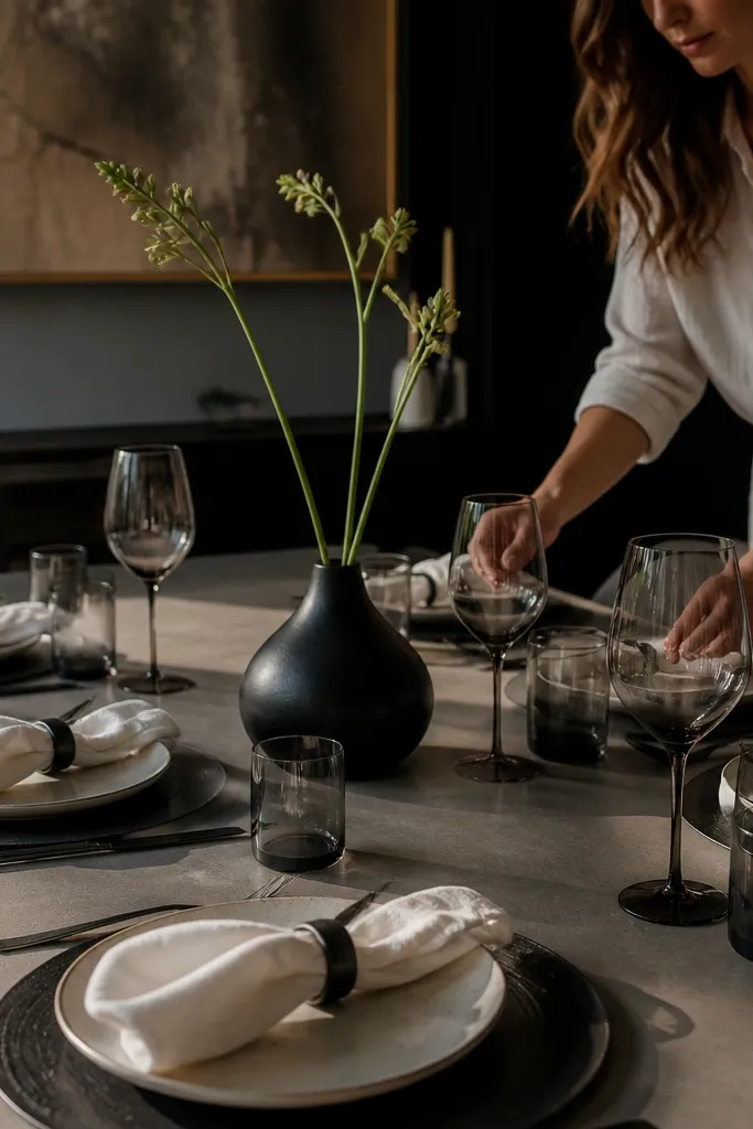 Black chargers with cream napkins and smoke-gray glassware