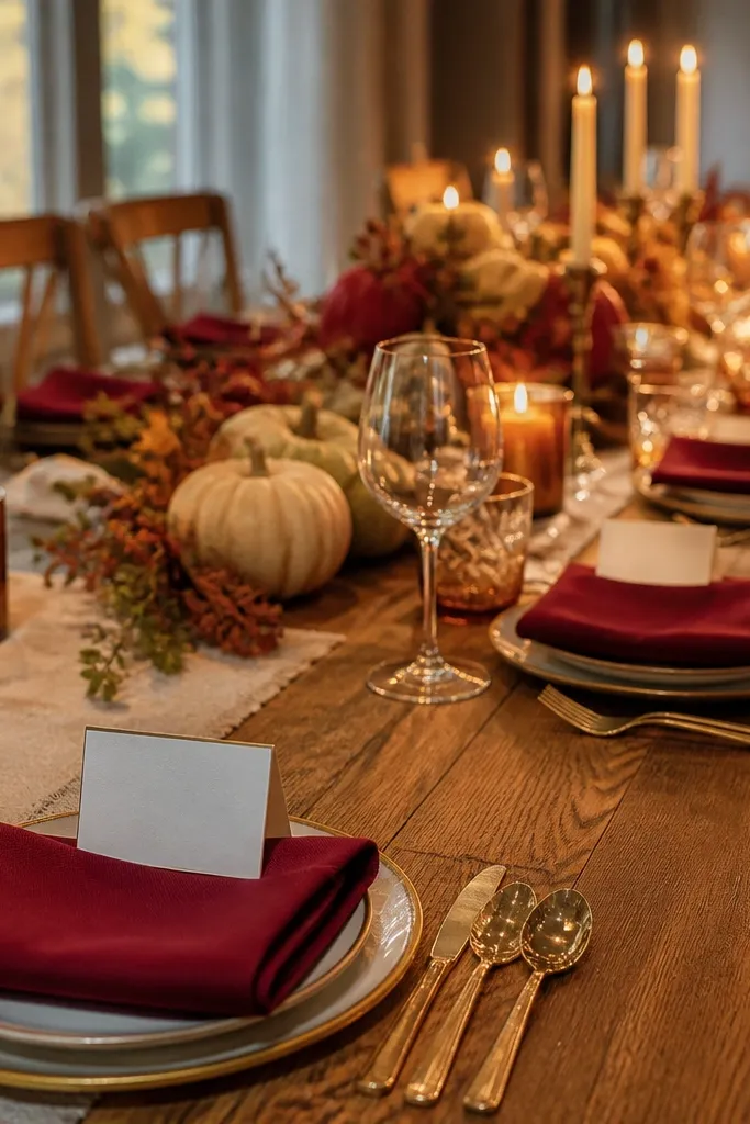 Off-white plates with deep burgundy napkins and gold-tipped place cards