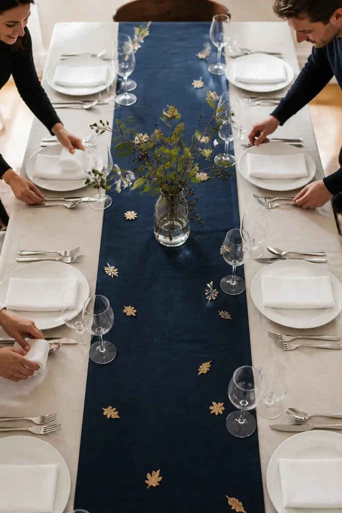 White porcelain plates with navy runner and brass leaf accents