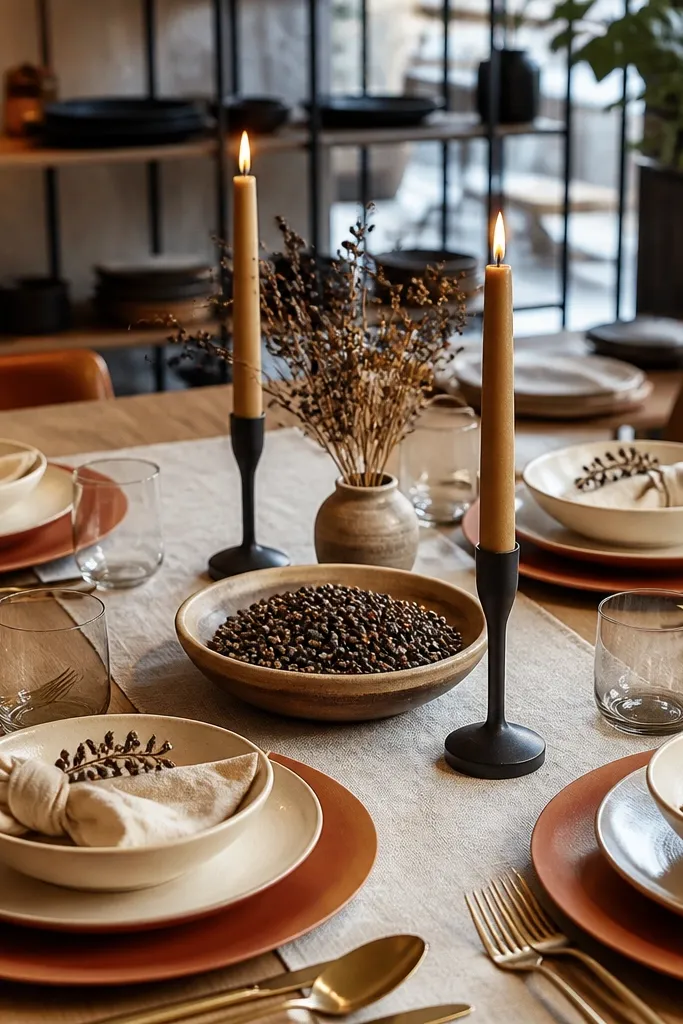 Terracotta chargers with cream plates and a low peppercorn-style centerpiece