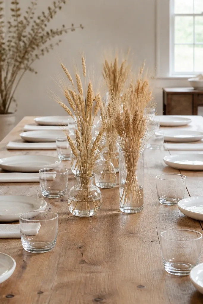 White linen napkins with side folds and clear vases of dried wheat