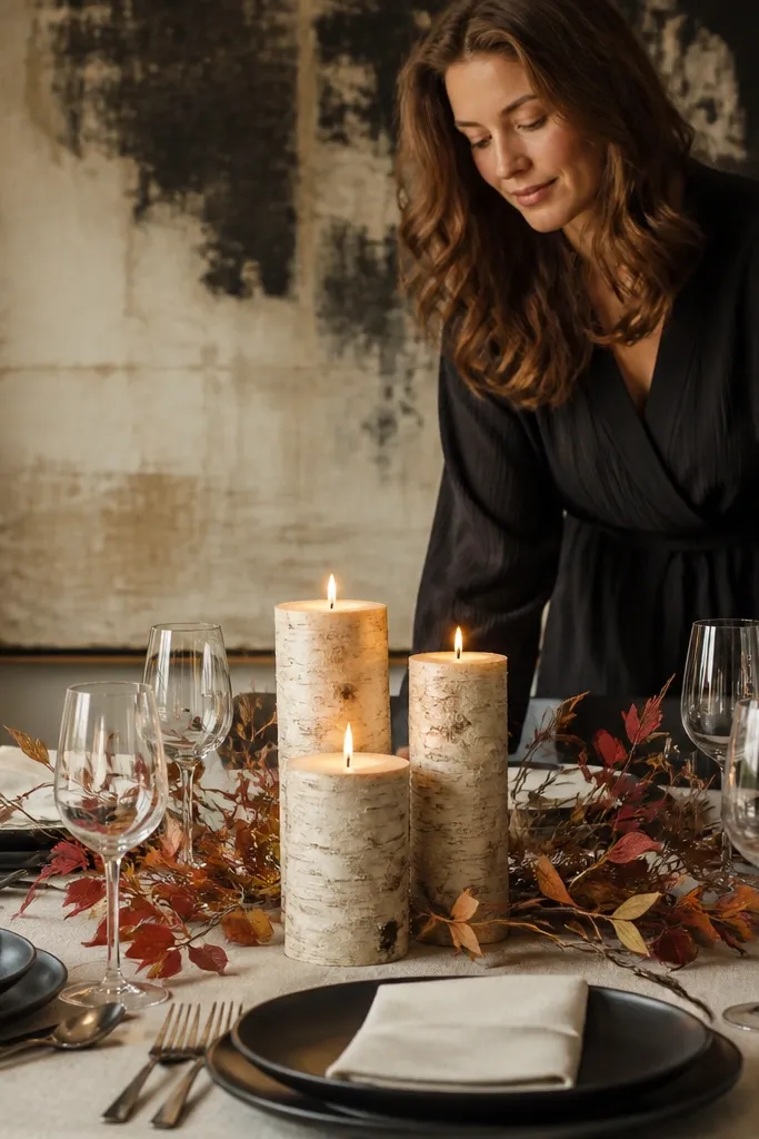 Charcoal plates with cream napkins and minimalist birch candle holders