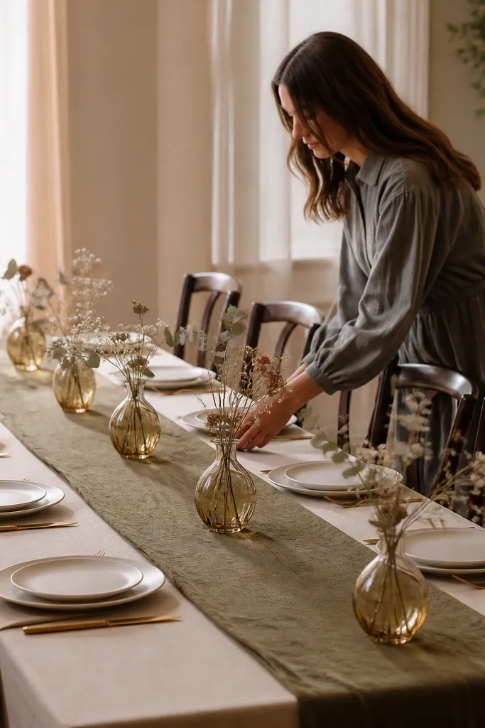 Cream plates with an olive runner and small gold-tinted bud vases