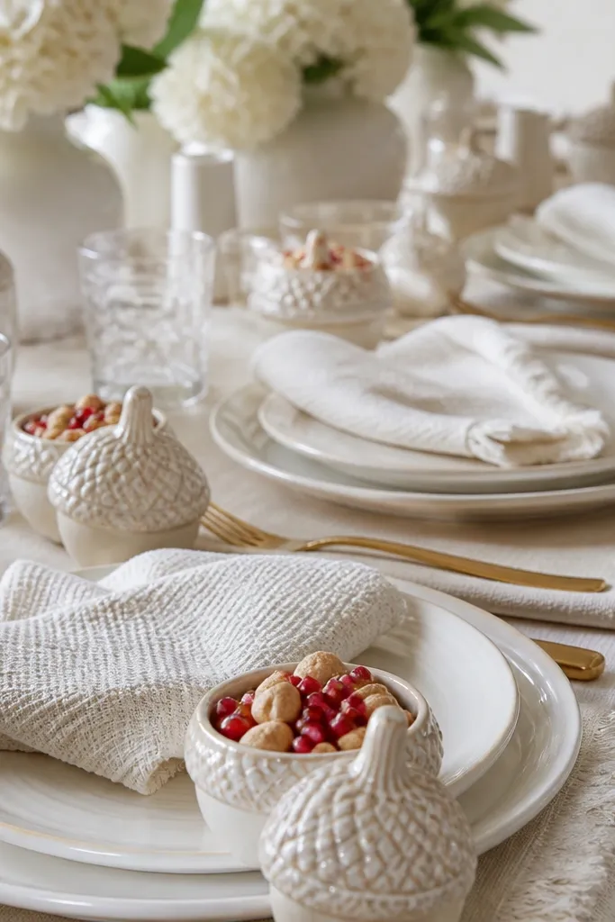 White-on-white table with woven napkins and low ceramic acorn bowls