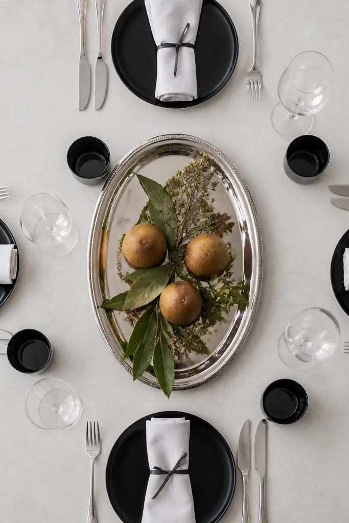 Black plates with white napkins tied in ribbons and silver tray centerpiece