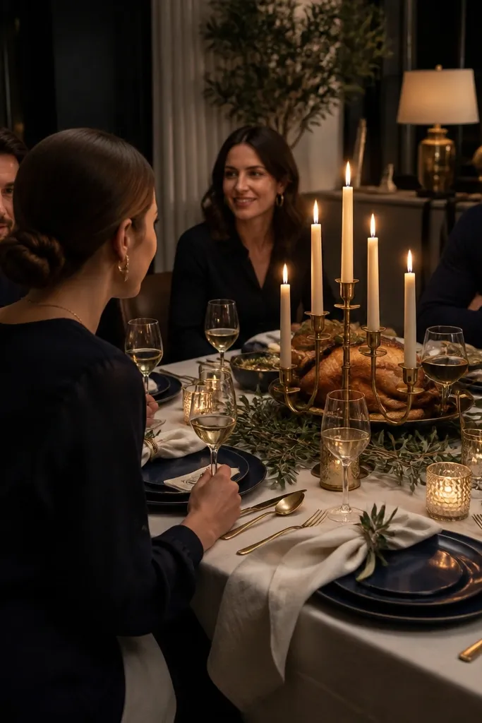 Midnight blue plates with brass candelabra and minimal greenery