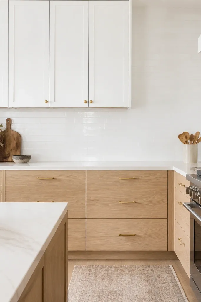 A bright kitchen with white upper cabinets and rift white oak base cabinets. The countertops are warm white quartz with faint tan veining. A simple subway tile backsplash in soft white runs to the ceiling, and brushed brass pulls sit centered on drawers.